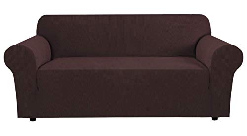 Image of House of Quirk Universal Double Seater Solid Sofa Cover Big Elasticity Cover for Couch Flexible Stretch Checks Spandex Jacquard Fabric Sofa Slipcover - Brown(145-185cm)
