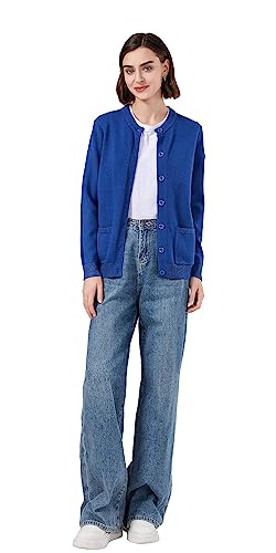 SMILING PINKER Chaqueta de punto para mujer de manga larga, cárdigan cálido de cuello redondo, chaleco de punto, chaqueta con botonera y bolsillos, azul cobalto, L