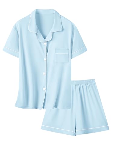 Umeyda Girls Pajamas Set, 2Pj Nightwear Button-Down Sleepwear for Kid 2 Piece Lounge Sets, Light Blue, 7-8 Years = Tag 140