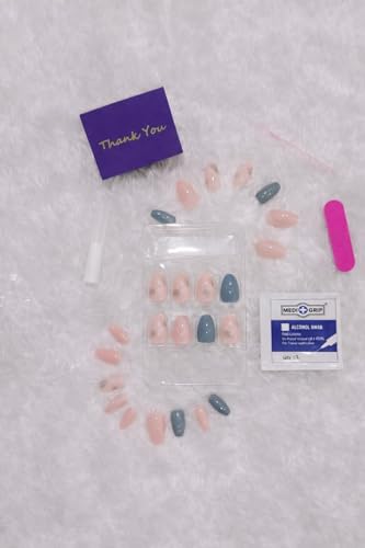 Image of 24 Pcs Reusable Artificial Nails Fake Nails with Glue and Kit| Blue Marble Reflective smooth top coat Press On Nails | ABS Material UV Protected Long Lasting Finish | Reusable Customizable Nail Kit |Medium Square Nails (White - Long Almond)