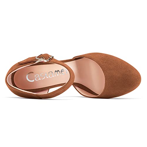 Castamere Women Chunky Block High Heel Close Round Toe Two-Piece Pumps Buckle Wedding Party Dress Shoes 3.3 Inches Heels4