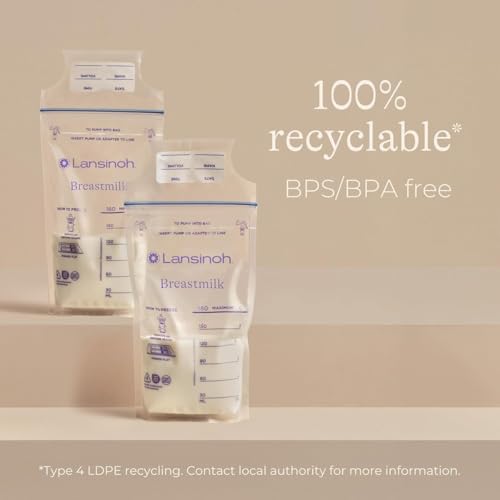 Image of Lansinoh breast milk transparent storage bags, breastmilk pouches for fridge or freezer use, pre-sterilized, reinforced double sealed side, double zipper for ultimate protection, 180ml, 25 count