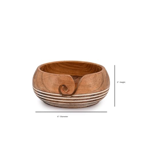 Image of EDHAS Yarn Storage Acacia Wood Hand Made by Indian Artisans Yarn Bowl for Crocheting & Knitting (6 inch x 6 inch x 3'')