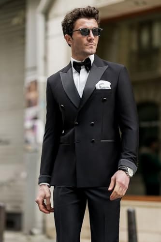Mens Tuxedo 2 Piece Double Breasted Suit Men Wedding Prom Tuxedo Suits for Men Formal Business Suit & Bow Tie4