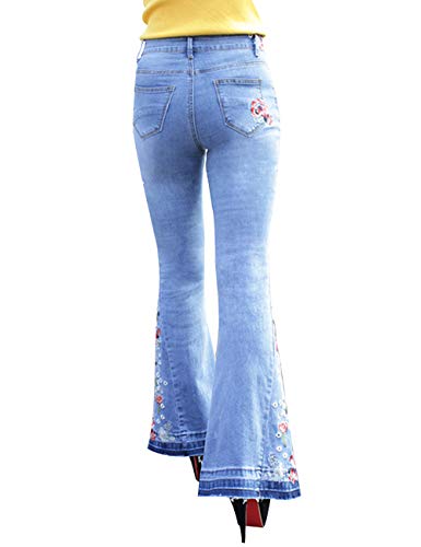 Women's Embroidered Bell Bottom Jeans Stretch Flared Fit Wide Leg Denim Pants3