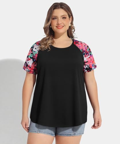 Image of CARCOS Plus Size Tops for Women Short Sleeve Raglan Striped Tee Color Block Crewneck /V Neck Tunic Loose Fit Summer XL-5XL