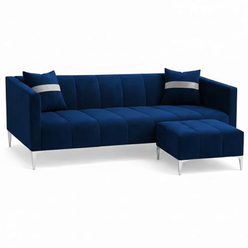 Image of Solomon 4 Seater L Shape Sofa Set with Movable Ottoman | Flexible Left or Right Layout | Luxe Velvet Suede Fabric | Comfortable Seating | Modern Sofa for Living Room - Dark Blue