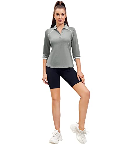 Aurgelmir Women's Casual 3/4 Sleeve Golf Polo T Shirts V Neck Workout Striped Slim Fit Tennis Shirts Tops Grey #TOP4