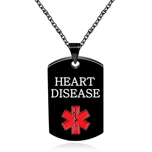 Oneress Collar Cardiopatías ID, Colgante Abalorios Negros, Chapa Emergencia Bilingüe Pérdida Memoria & Mujeres YA5217 Black HEART