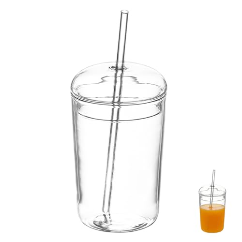 DOITOOL Glasbecher Mit Strohhalm 16.91Oz Trinkbecher Aus Glas Mit Deckel FüR Kaffee Tee Matcha Smooâ€¦ – Miniatur