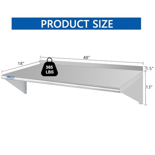 Image of HARDURA Stainless Steel Shelf 18 inch x 48 inch, 385lb Commercial Shelves Wall Mount Metal Shelving with Backsplash and Brackets for Kitchen, Restaurant, Laundry Room and Home