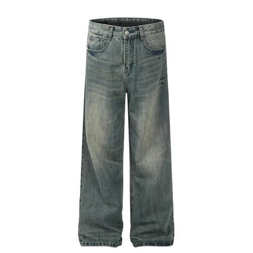 Jeans Pants Trousers Denim Trendy Street Washed Blue Retro Grinding Fading Loose Straight Leg for Men