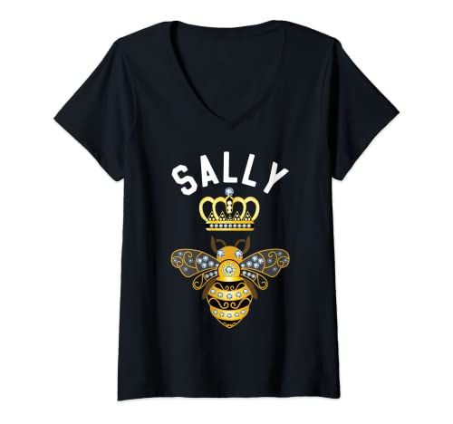 Mujer Sally Name Sally Regalos de cumpleaños Reina Corona Bee Sally Camiseta Cuello V