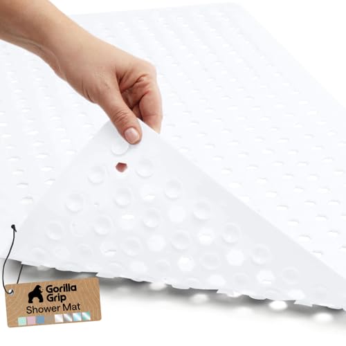 Image of GORILLA GRIP Patented Bath Tub Shower Mat, Machine Washable Bathtub Floor Liner Mats, Suction Cups and Drain Holes to Keep Tubs Clean, Soft on Feet, Bathroom Essentials, 35x16 Inch, White
