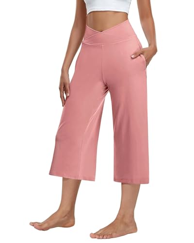 Image of Kivdol 3 Pack Womens Wide Leg Yoga Capris Crossover High Waist Casual Capri Pants Loose Soft Pajama Pockets Sweatpants