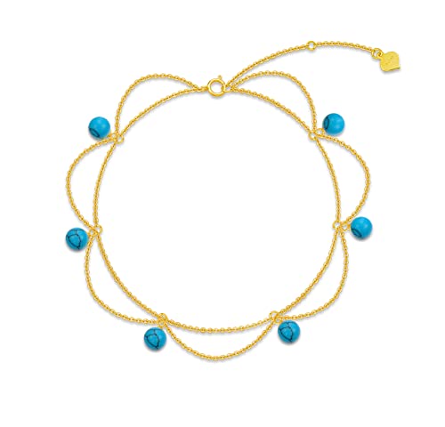 14K Gold Turquoise Anklet For Women, Real Yellow Layered Gold Beaded Anklet Fine Jewelry Gift For Wife Girlfriend Mom Her 8+2 Inch (Turquoise Anklet) #TOP5