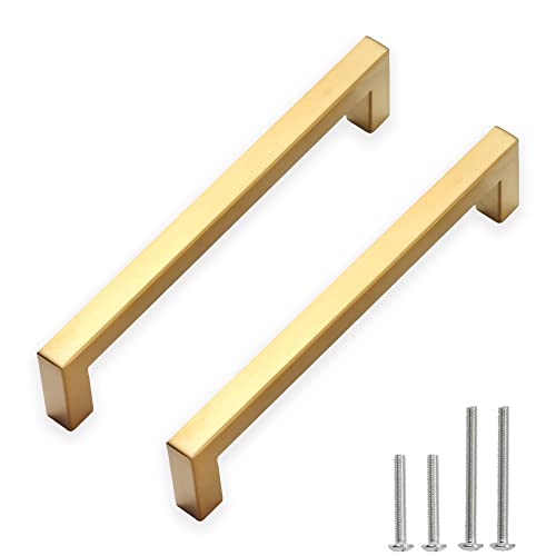 Redunest 2 Pack 6-1/4 Inch Gold Cabinet Pulls, Square Drawer Handles