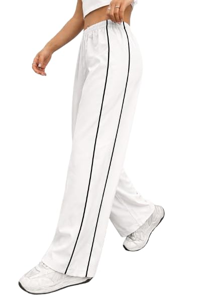 Image of Women Casual Loose Fit Track Pants High Waist Elastic Waistband Straight Wide Leg Trousers with Side Piping, Gym Yoga Running Athletic Sweatpants Comfortable