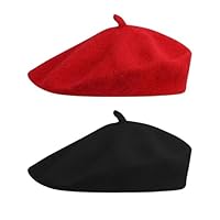 PUERFOCA 2 Stück Französische Baskenmütze, Klassisch Plain Französischer Damen Stil Barett, Klassische Baskenmütze, Einfarbig, Elegant, Weich Und Dehnbar, Einheitsgröße (Schwarz, Rot)