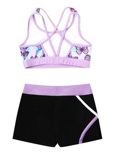 Kids Girls Dance Gymnastic Outfit Sleeveless U Neck Crop Top With Shorts Set Sport Training Dancewear Butterfly 8 Years4