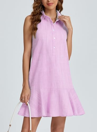 Image of Women Sleeveless Mini Dress Button Down Shirt Dress V Neck Reffle Hem Cotton Linen Tunic Short Dress