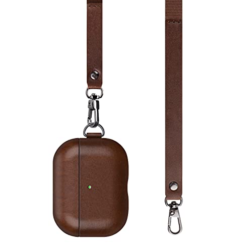 Cybotoon Luxury Leather Airpods Pro Case Cover With Hand Strip And Neck Lanyard, Genuine Top Layer Vegetable Tanned Cowhide (Horween Style Leather) Airpods Pro Leather Case For Men Women, Dark Brown #TOP25