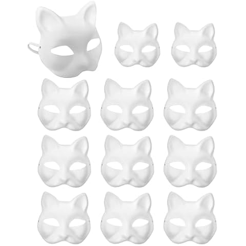 XIPEGPA 12 PCS Therian Masks White Paper Cat Masks to Painted Half Blank Animal Cosplay Facemask Masquerade Mask Costume Prop for DIY Painting Cover