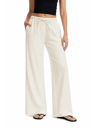 AnotherChill Womens High Waisted Wide Leg Crepe Pants Pull On Wrinkle Free Trousers with Pockets for Work Business Casual (Off-White Large 29 Inseam)