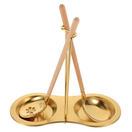 SOLUSTRE Golden Set Soup Spoon Colander Slotted Spoons for Cooking Wooden Handle Set of 1