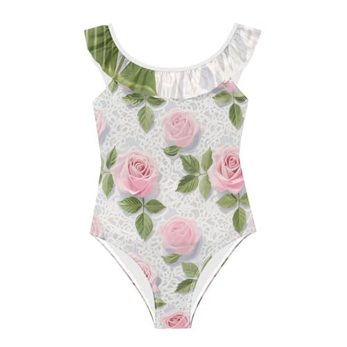 Traje de baño de encaje rosa sin rozaduras bañador suave con volantes para piscina de niñas