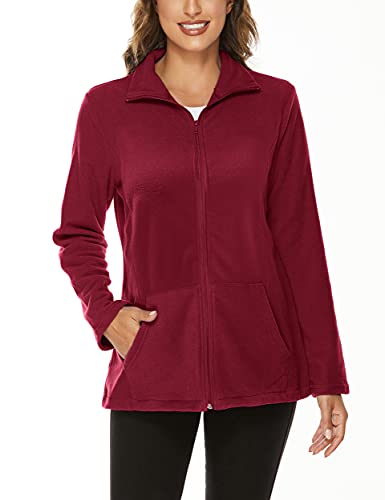 Hibelle Zip Jacket Women, Ladie Athletic Coat Fleece Cute Funny Casual Jackets Windbreaker Denali Hand Pockets Designer Clothings Regular Relaxed Fit Tops for Junior Wine Red Medium