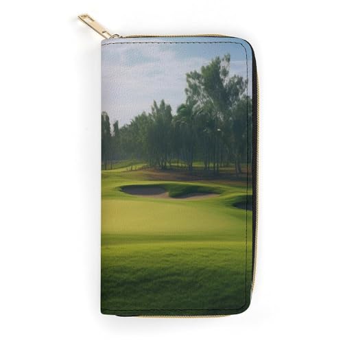 Golf Course Print Long Wallet for Women Men PU Leather Card Holder Organizer with Zipper Coin Pocket & Cash Slots