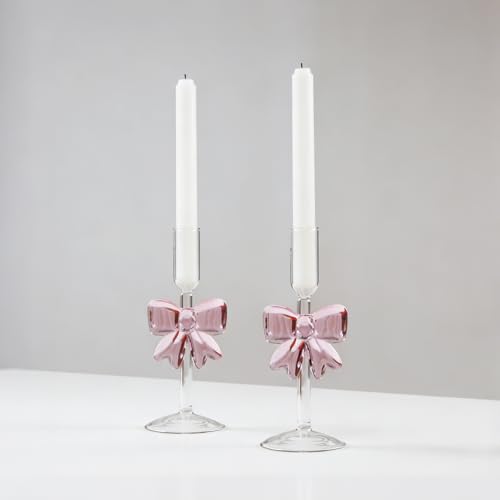 2 PCS Glass Candlestick Holders Pink Brogue Glass Taper Candle Holder Valentines Crystal Tall Candle Holder for Table Centerpieces Fall Christmas Autumn Thanksgiving Decor