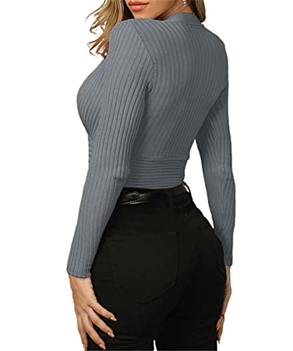 Image of Fangetey Womens Deep V Neck Sexy Wrap Sweater Long Sleeve Slim-Fitted Knitted Jumper Top