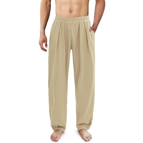 Mens Linen Beach Pants Boho Straight Leg Yoga Pants with Pockets 2025 Baggy Elastic Waist Work Pants Pleated Pants3