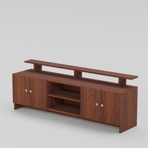 Image of Modern TV Unit for Living Room | Wooden TV Cabinet with Open Shelf & Storage | Entertainment Unit | Assembly-DIY | Color-Cherry Pine