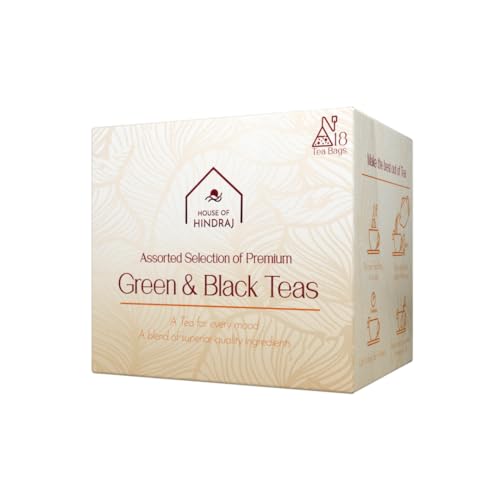 Image of House of Hindraj Green & Black Tea Assorted Pyramid Tea Bags Trial Sampler Pack 18 Bags (2 9 Flavors), 90 g Herbal, Green & Black Tea Mix Premium Chai Sampler