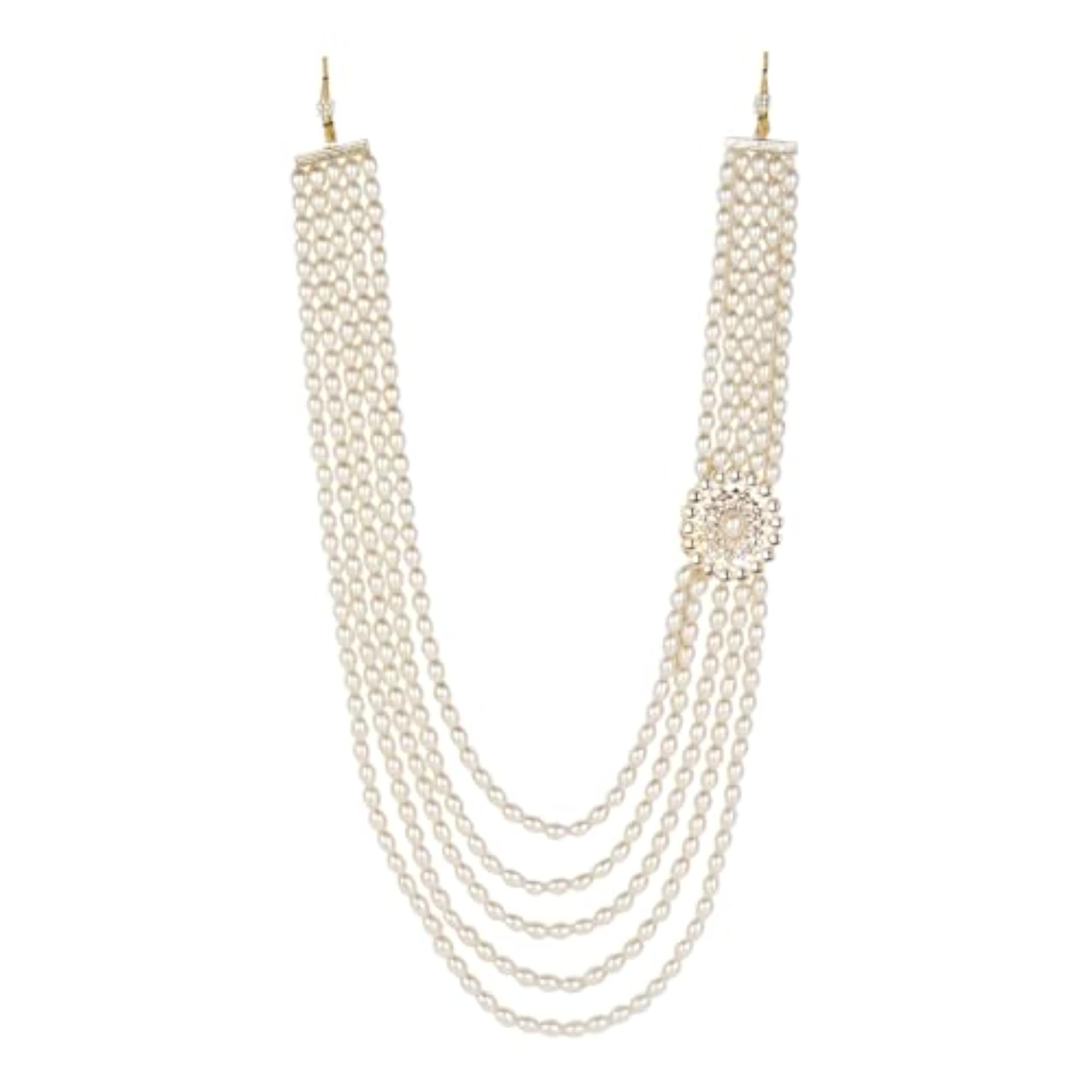 5 Layered Traditional Gold Plated Dulha Moti Mala Necklace for Men