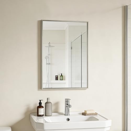 Image of Bathroom Mirror for Wall, 24x16 Inch Framed Vanity Mirror Brushed Nickel