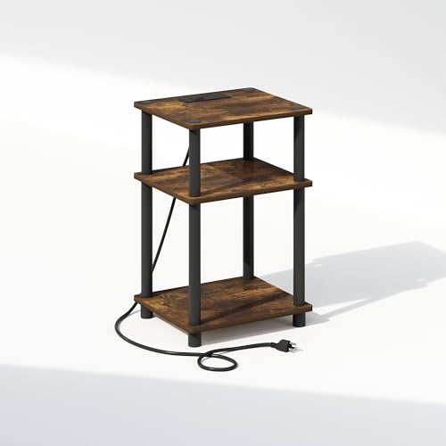 Image of Furinno JUST Night Stand, 3-Tier Turn-N-Tube Nightstand with Charging Station, Bedside Table, End Table, Side Table with USB and Type-C Port, for Bedroom, Closet, Dorm, Amber Pine