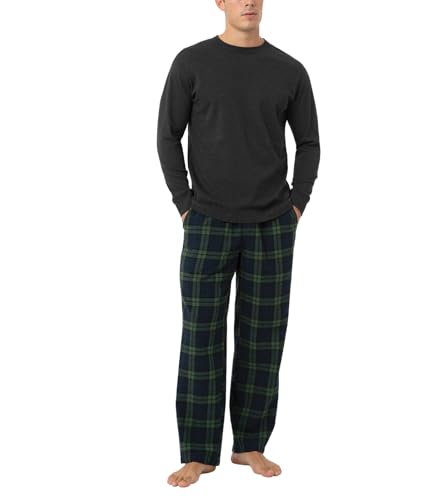 LAPASA Herren Pyjama-Set Relaxed Fit Schlafanzugset, Flanell Hose & Baumwolle Top M79, Dunkelgrau + Grün&blaues Karomuster, L