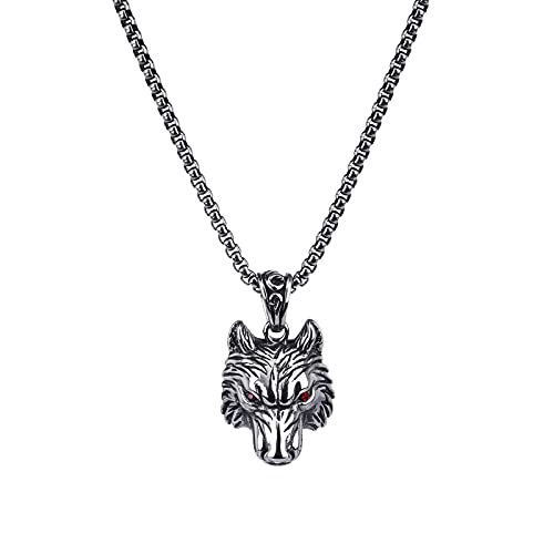 Stainless Steel Mens Vintage Wolf Head Pendant Necklace,Viking Wolf Head Pendant,Titanium Steel Wolf Head Chain 23.6-Inch