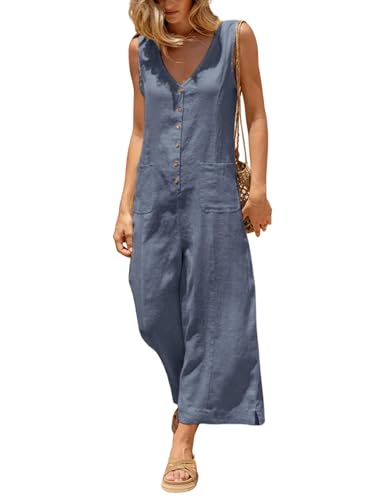 Yeokou Women Button Down Jumpsuits Cotton Linen Sleeveless Casual Wide Legs Rompers Loose Overall With Pockets(BlueGrey-L)