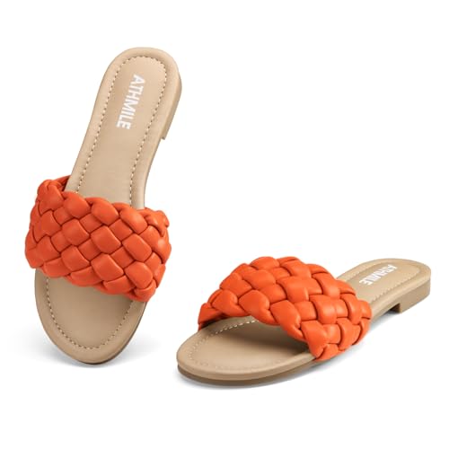 Image of ATHMILE Braided Sandals for Women, Open Toe Flat Summer Slides, Nude Sandal | Woven braided upper with round open toe design, lightweight flat style for beach trips, vacations, and summer outfits.