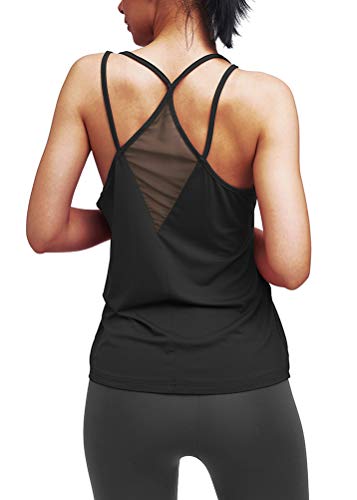 Mippo Women's Sexy Yoga Workout Tops with Mesh Summer Spaghetti Strap Criss Backless Active Tank Top Casual Beach Gym Sports Shirt Fitness Exercise Clothes Black S
