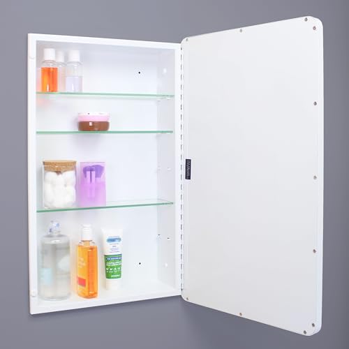 Image of 16x26 Austin Farmhouse Metal Framed Rounded Rectangle Recessed Bathroom Medicine Cabinet, Beveled Mirror, 14x24 in-Wall Opening, powder-coated Steel, Adjustable Glass Shelves, Magnet Close, White