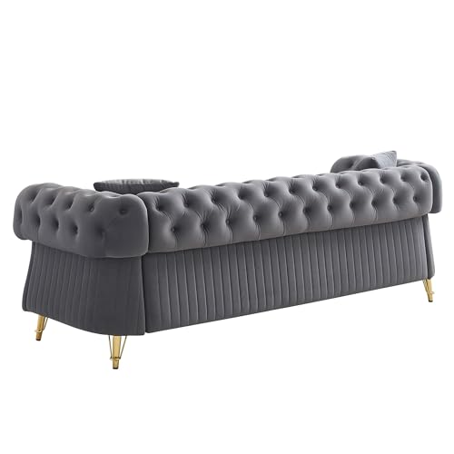 Image of KEIKI 89 inch Chesterfield Velvet Button Tufted Sofa with High Density Foam Cushions and 2 Toss Pillows, Modern Style 3-Seater Couch with 4 Gold Metal Leg, Easy Assembly, for Living Room, Apartment, Grey