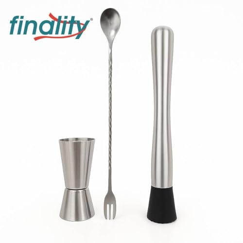 Image of finality Mojito Muddler Bar Tool Set, 3 PCS Cocktail Set Mixing Tools Stainless Steel Cocktail Muddler with Cocktail Spoon Long Handle and Jigger for Mojitos Fruit Drinks (Fork Spoon Set)