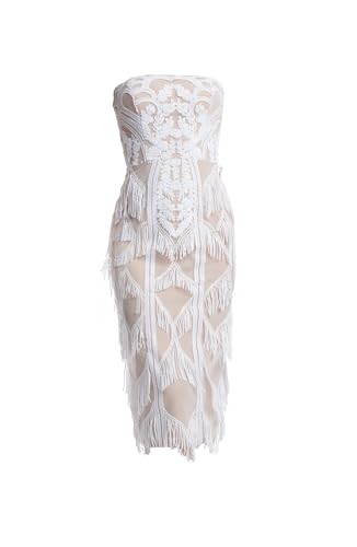 Image of Dress the Population White-Nude Fringed Strapless Dress