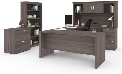 Pemberly Row Modern U-Shaped Engineered Wood Desk with Hutch File and Bookcase, Fully Reversible Unit, Assembly Required, for Home Office, in Bark Gray Finish
